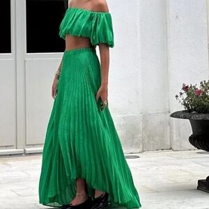 Ramy Brook Green Off-Shoulder Crop Top and Skirt Set